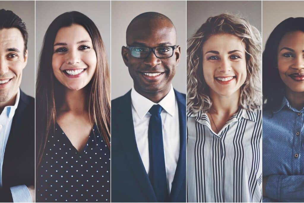 Collage of portraits of an ethnically diverse and mixed age group of focused business professionals