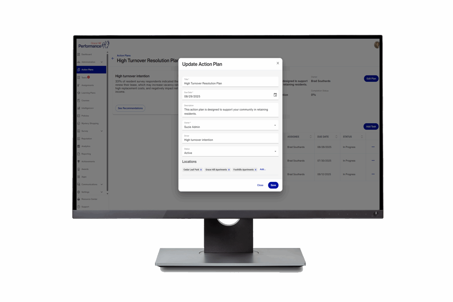 action plan monitor in grace hill's performancehq platform computer screen mockup