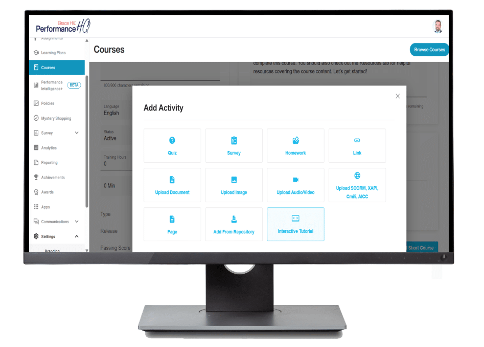 desktop mockup of grace hill's performanceHQ capture wizard training feature