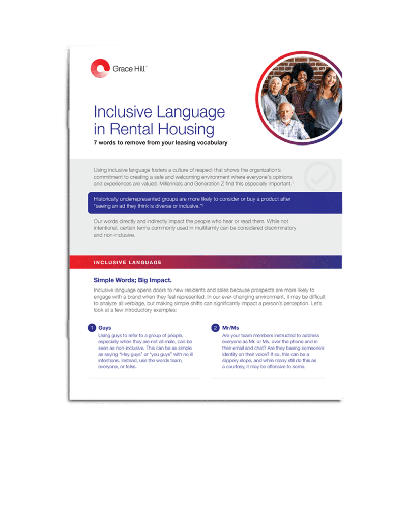 D.E.I Inclusive Language in Rental Housing Flyer with examples of exclusive wording and pronouns.