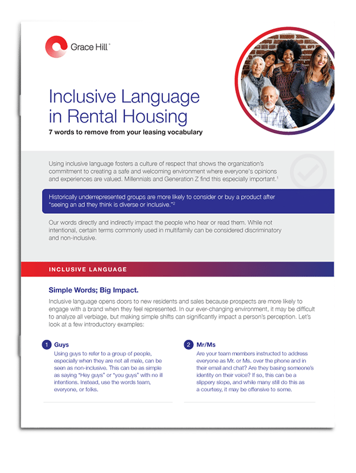 D.E.I Inclusive Language in Rental Housing Flyer with examples of exclusive wording and pronouns.