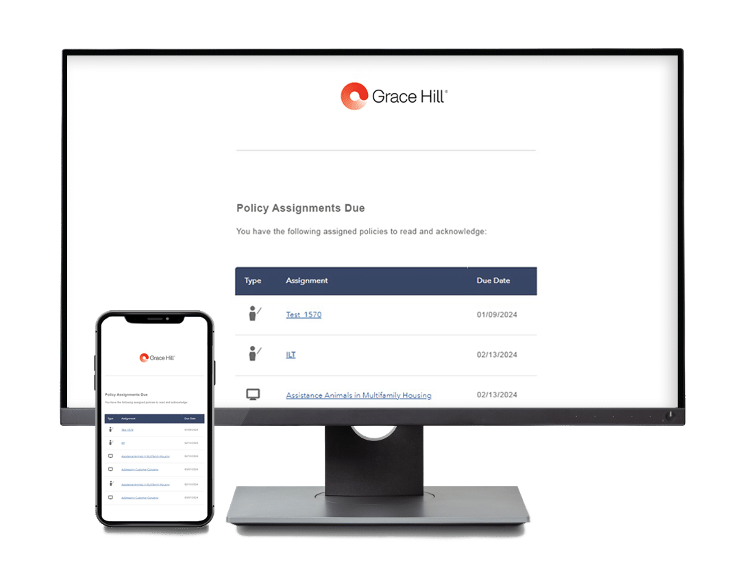 performancehq policy assignments due dashboard, laptop and mobile mockups
