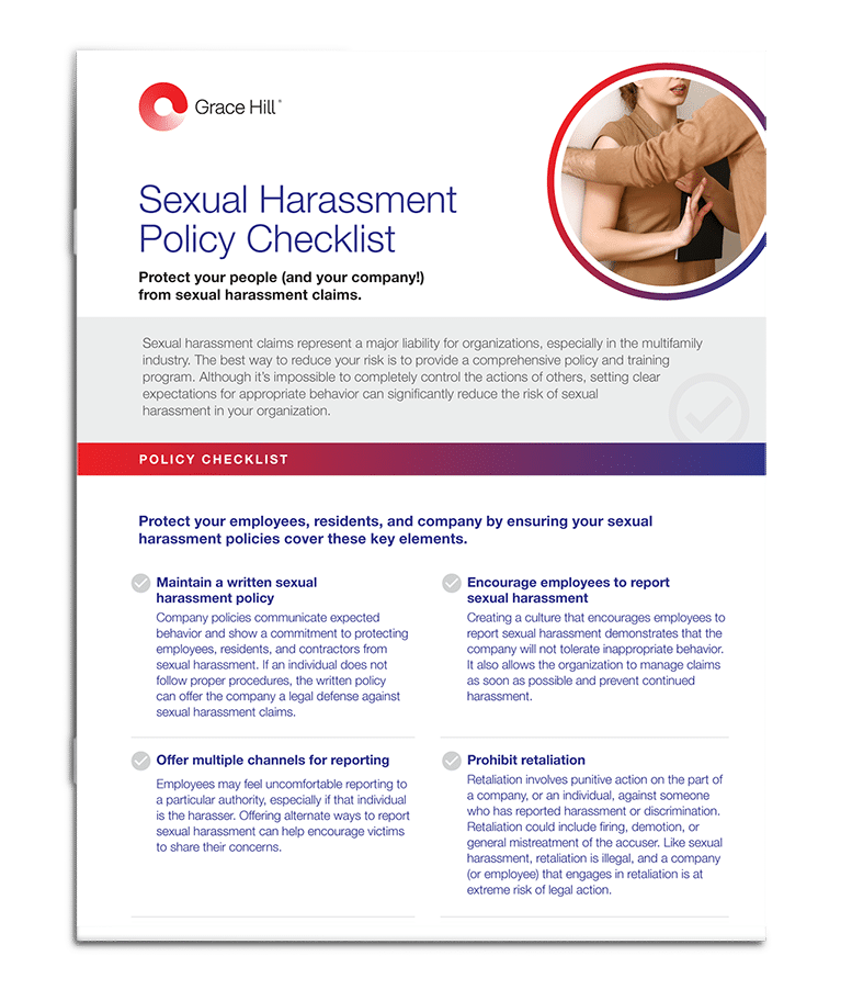 Grace Hill's sexual harassment policy checklist infographic.